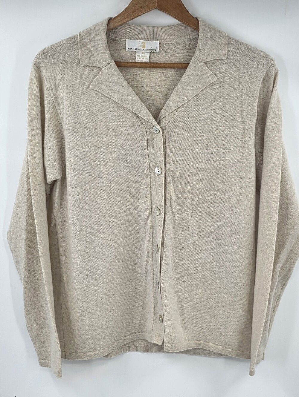 Precious Fibers 100% Cashmere Beige Medium Button Down Collar Sweater